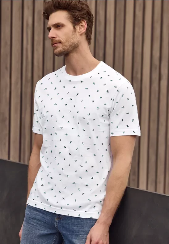 Street One MEN Männer T-Shirt mit Rundhals und Allover-Print in Weiß, Gr: XXL