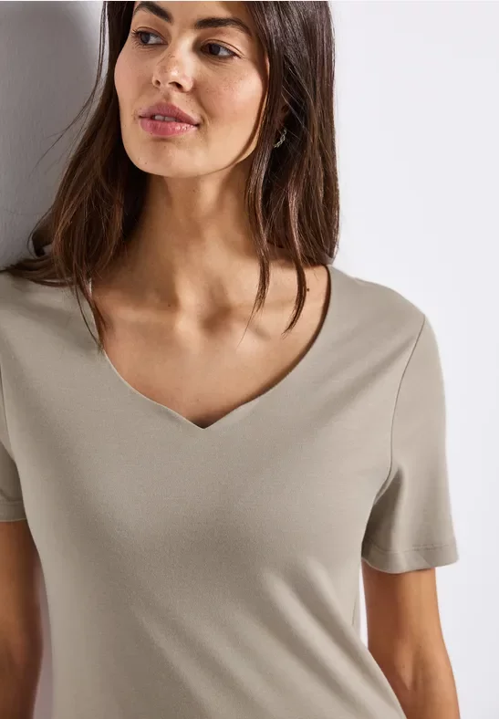 Street One Frauen T-Shirt mit Herzausschnitt in Beige, Gr: 38