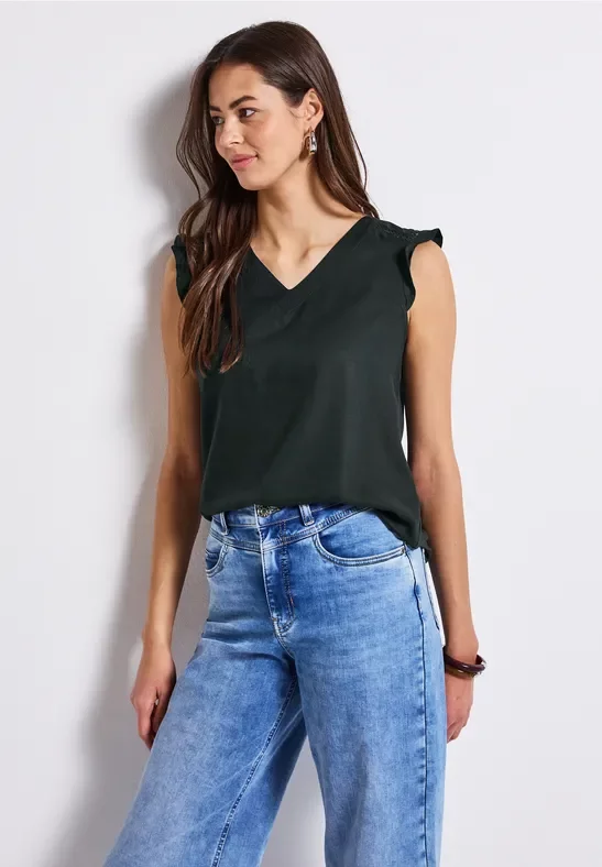 Thumbnail - Street One Frauen V-Neck Top mit Häkeldetails in Grün, Gr: 40