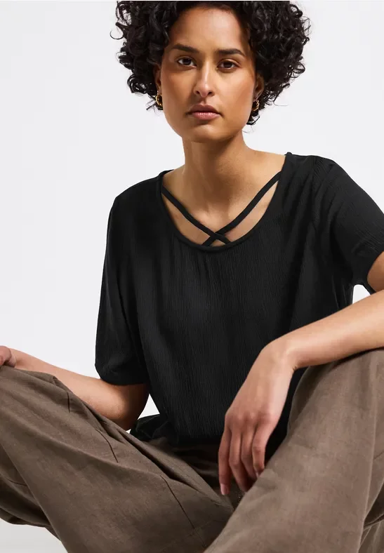 Thumbnail - Street One Frauen Blusenshirt mit Bänderdetail in Schwarz, Gr: 38