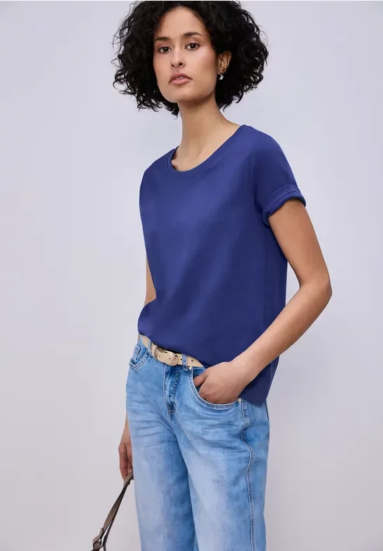 Street One Frauen Basic T-Shirt aus reiner Baumwolle in Blau, Gr: 44
