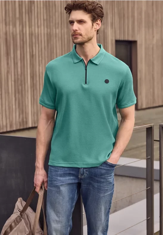 Street One MEN Männer Poloshirt mit Zipper und Struktur in Türkis, Gr: L