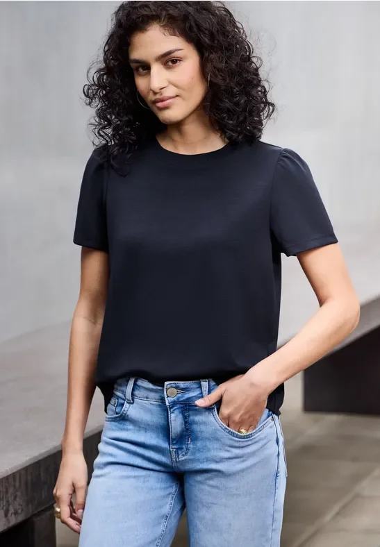 Street One Studio Frauen T-Shirt mit Puffärmeln in Blau, Gr: 34