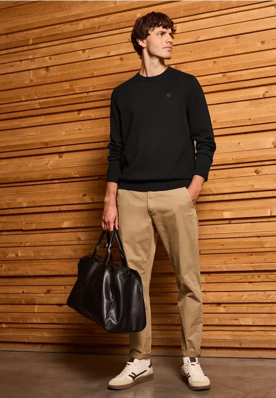 Street One MEN Männer Basic Baumwoll Pullover in Schwarz, Gr: M