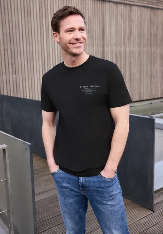Street One MEN Männer T-Shirt mit Logo-Print in Schwarz, Gr: XL