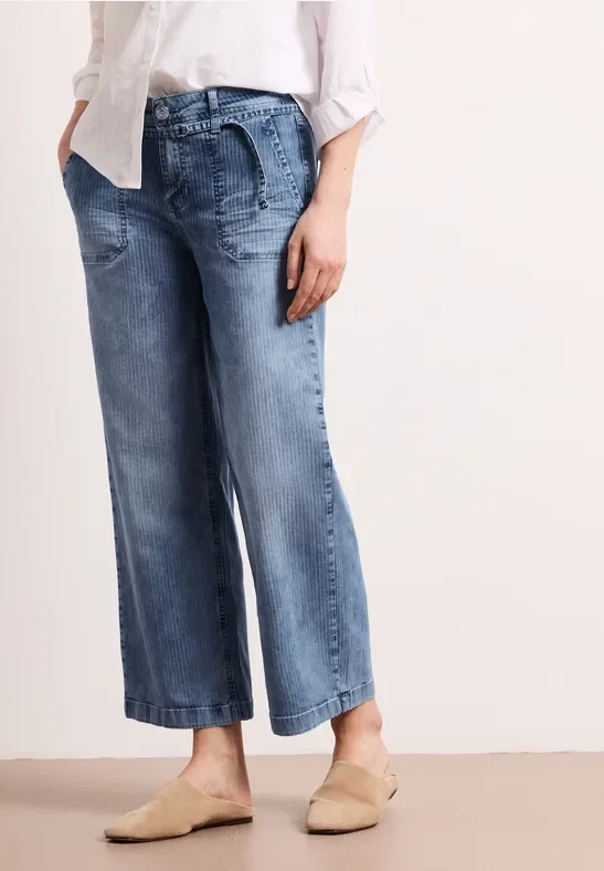 Street One Frauen Mid Waist Wide Leg Jeans mit Streifen in Blau, Gr: 27