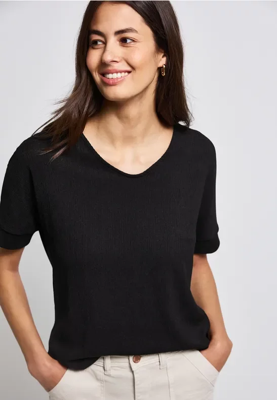 Street One Frauen Strukturmix Shirt in Schwarz, Gr: 38