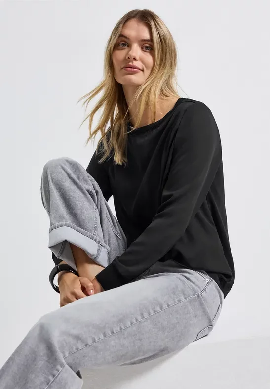 Street One Frauen Materialmix Chiffon Shirt in Schwarz, Gr: 40