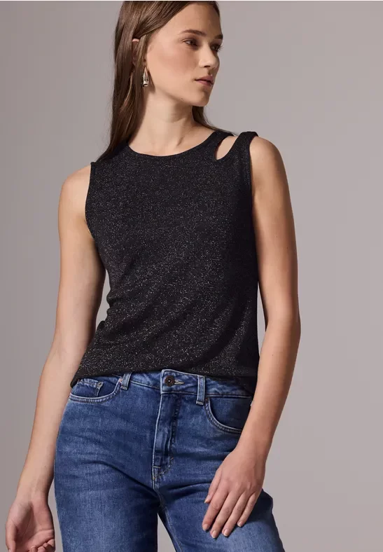 Street One Studio Frauen Schimmerndes Top mit Cut-Out in Schwarz, Gr: 46