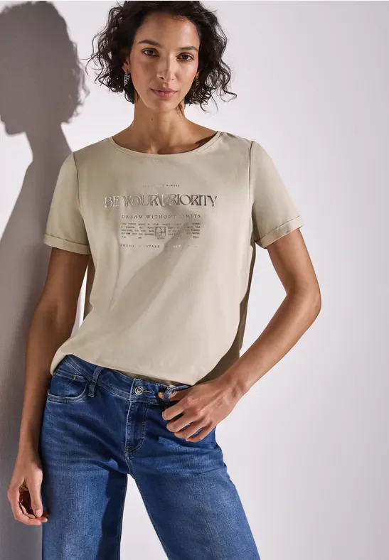 Thumbnail - Street One Frauen Shirt mit Folien-Wording in Beige, Gr: 34