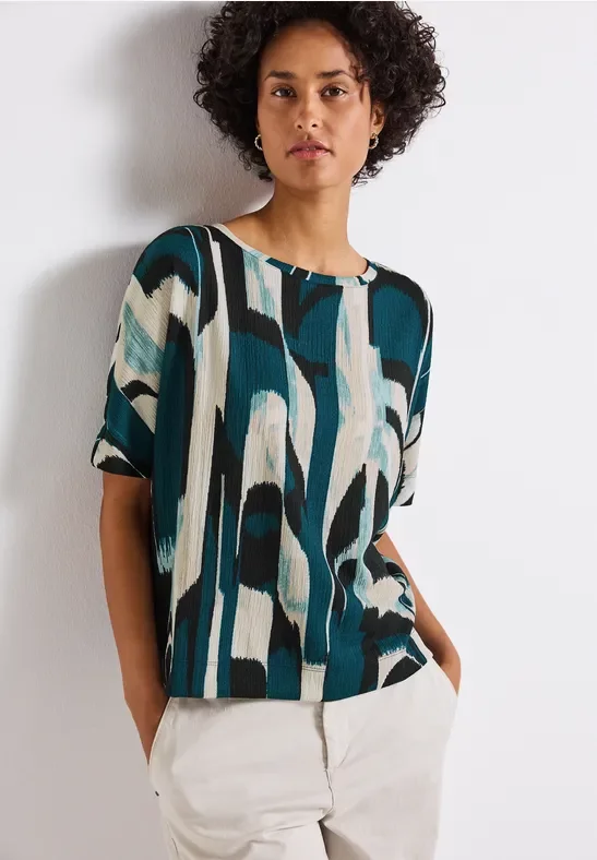 Street One Frauen Ikat Print Crinkle Shirt in Türkis, Gr: 34