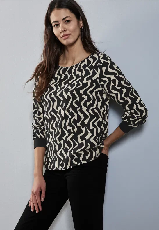 Thumbnail - Street One Frauen Bedruckte Rundhalsbluse in Schwarz, Gr: 40