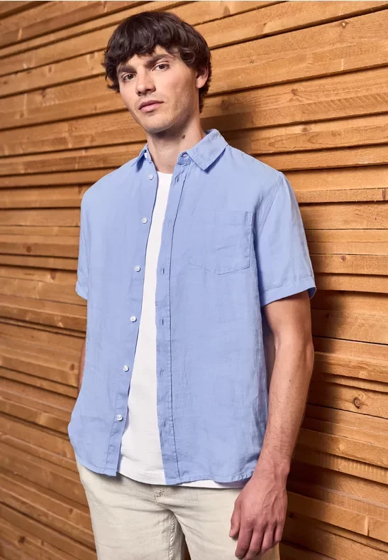 Street One MEN Männer Kurzarmhemd aus Leinen in Blau, Gr: M