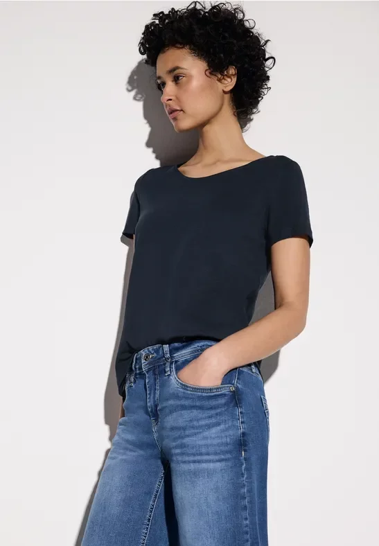 Thumbnail - Street One Frauen Basic T-Shirt mit V-Neck in Unifarbe in Blau, Gr: 36