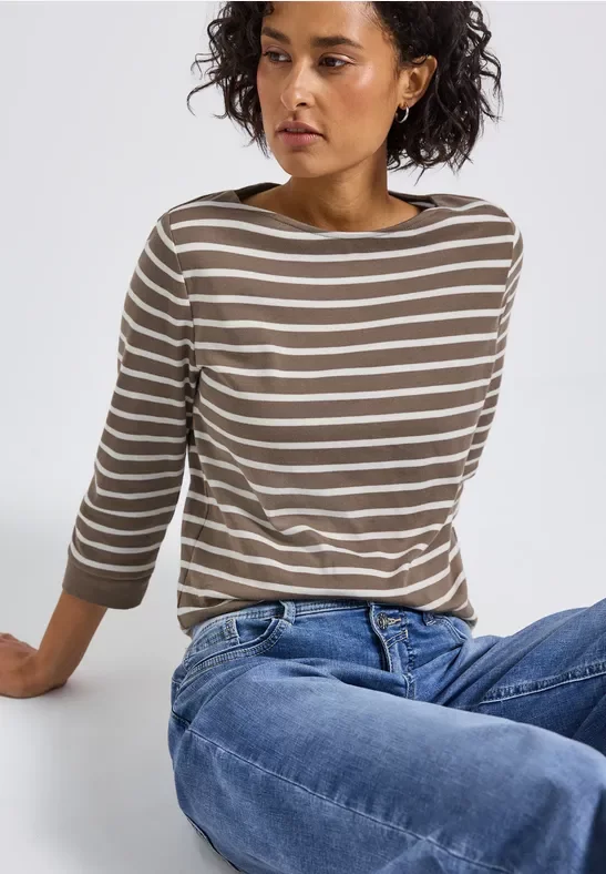 Street One Frauen Gestreiftes Basic Shirt in Braun, Gr: 34