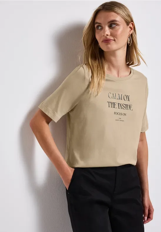 Street One Frauen Softes Shirt mit Wording in Beige, Gr: 46