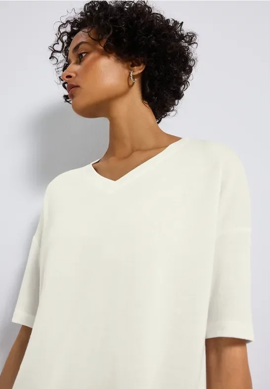Street One Frauen Strick-Look V-Neck T-Shirt in Weiß, Gr: 38