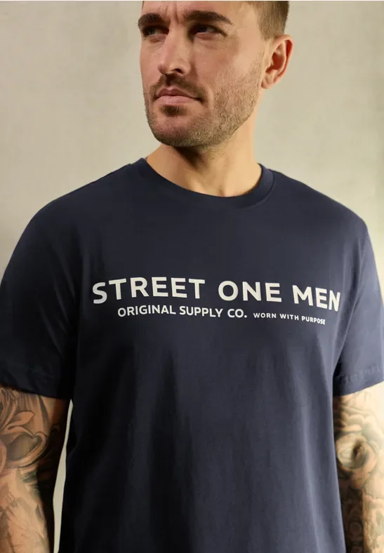 Street One MEN Männer T-Shirt mit Logo-Print in Blau, Gr: XXL