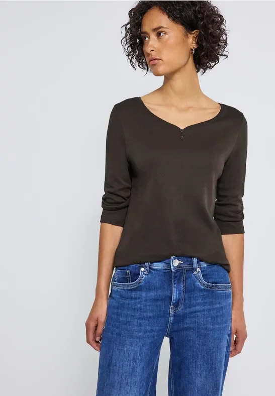 Thumbnail - Street One Frauen Basic Shirt mit Knopfdetail in Braun, Gr: 44