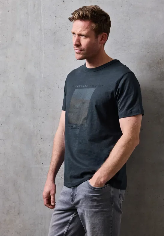 Street One MEN Männer Slub T-Shirt mit Fotoprint in Blau, Gr: 3XL