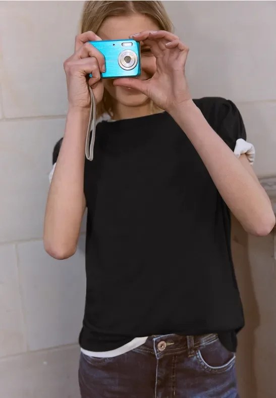 Street One Studio Frauen T-Shirt mit Rundhals und Puffärmeln in Schwarz, Gr: 42