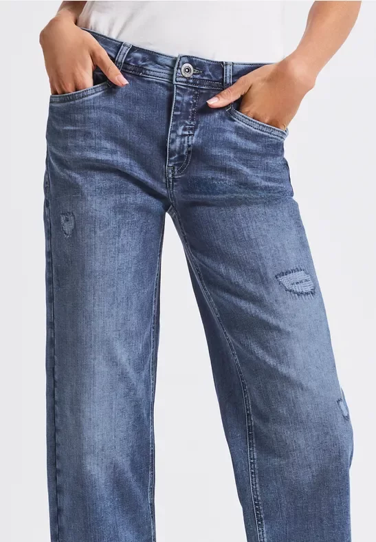 Street One Frauen Straight Leg Destroyed Jeans in Blau, Gr: 30