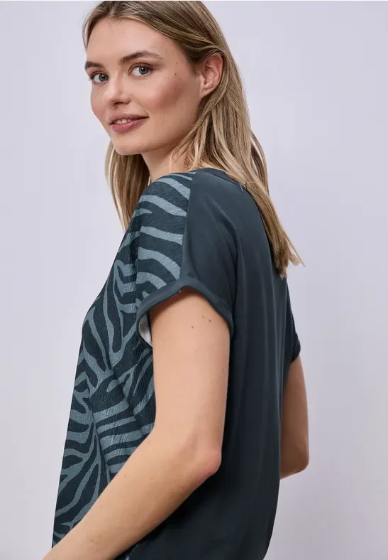 Street One Frauen T-Shirt mit Split Neck und Elastiksaum in Multicolour|Grün, Gr: 36