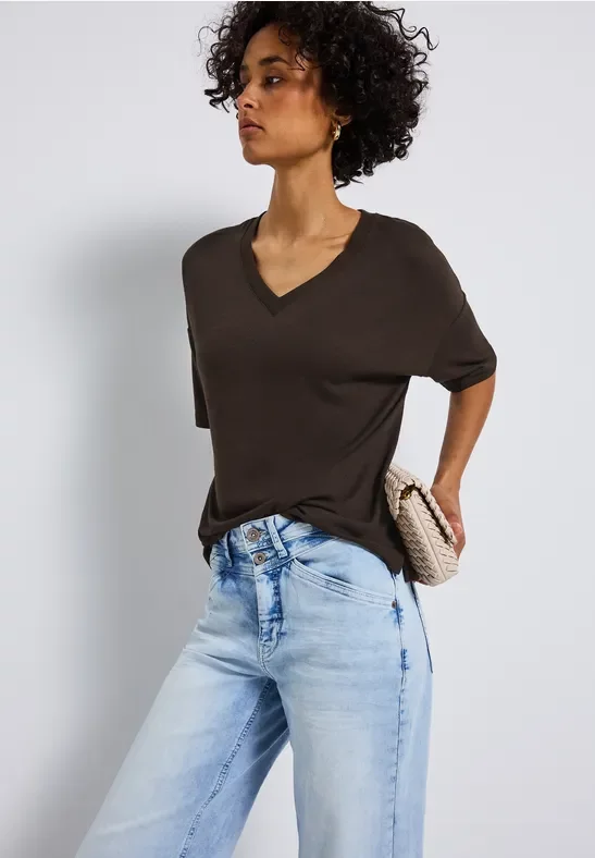 Thumbnail - Street One Frauen Strick-Look V-Neck T-Shirt in Braun, Gr: 36