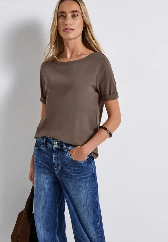 Street One Frauen Shirt mit U-Boot-Ausschnitt in Braun, Gr: 34