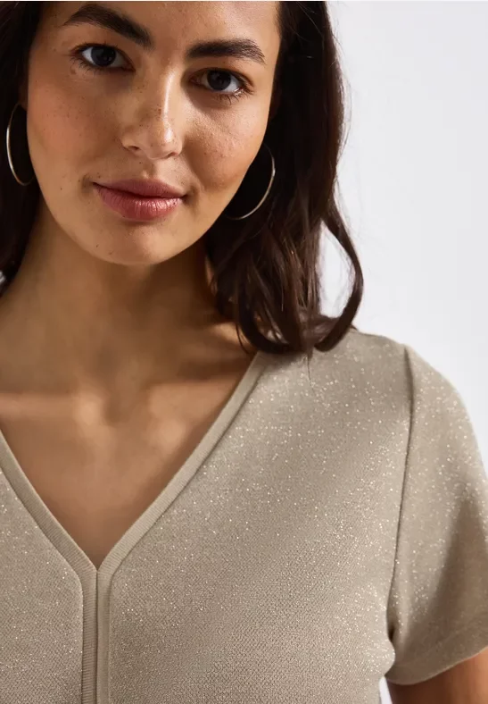 Street One Frauen Glitzer-Shirt mit Tapedetail in Beige, Gr: 34