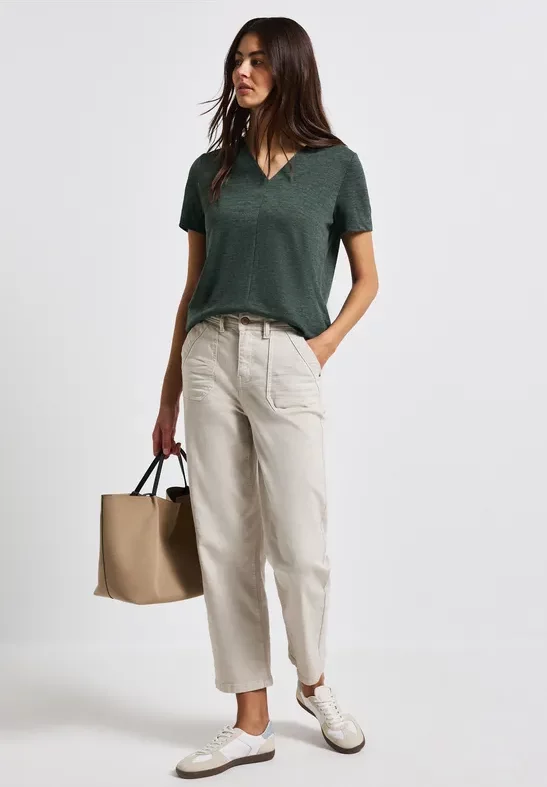 Thumbnail - Street One Frauen V-Neck Shirt in Leinen-Optik in Grün, Gr: 36