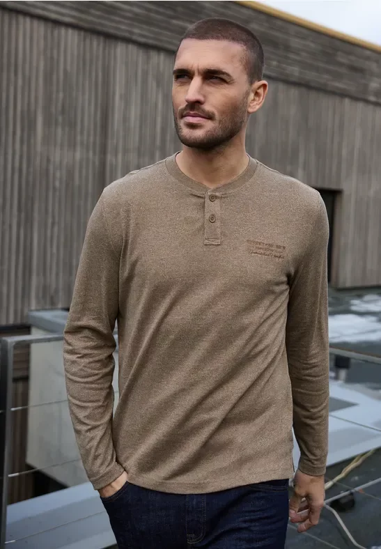 Street One MEN Männer Langarmshirt mit Stickerei in Braun, Gr: 3XL