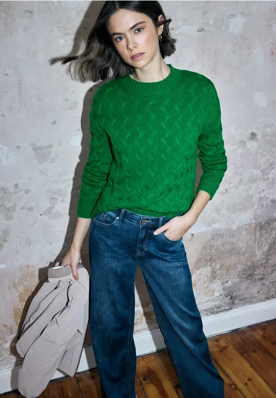 Thumbnail - Street One Studio Frauen Pullover mit Zopfmuster in Grün, Gr: 44