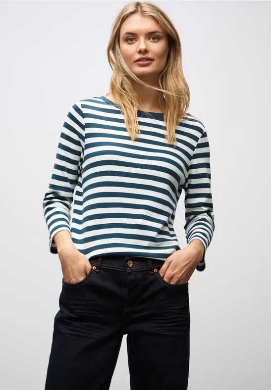 Street One Frauen Gestreiftes U-Boot Shirt in Türkis, Gr: 46