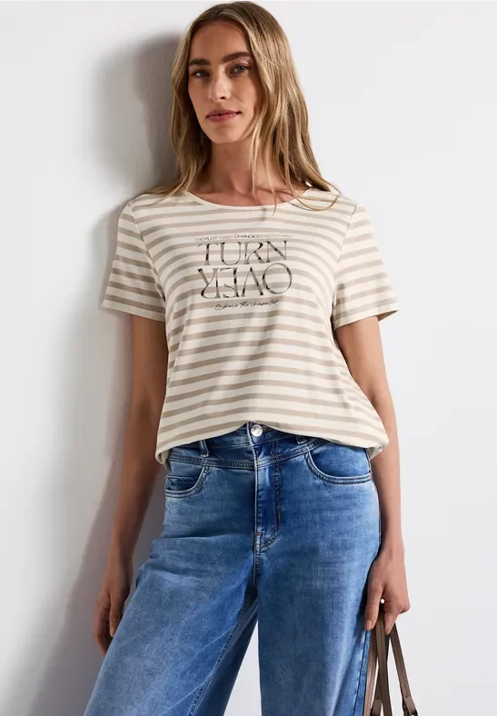 Street One Frauen Streifenshirt mit Print in Beige, Gr: 36