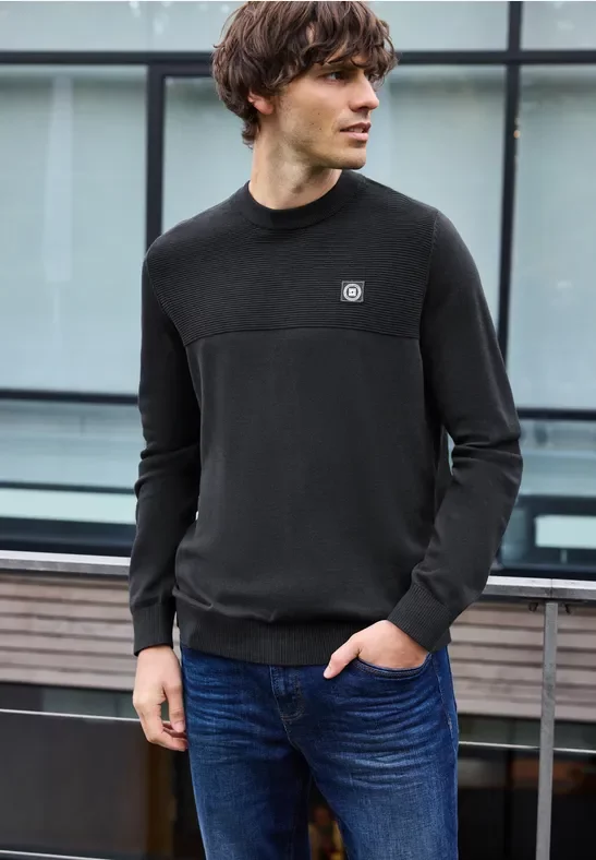 Thumbnail - Street One MEN Männer Strukturmix Pullover in Schwarz, Gr: XXL
