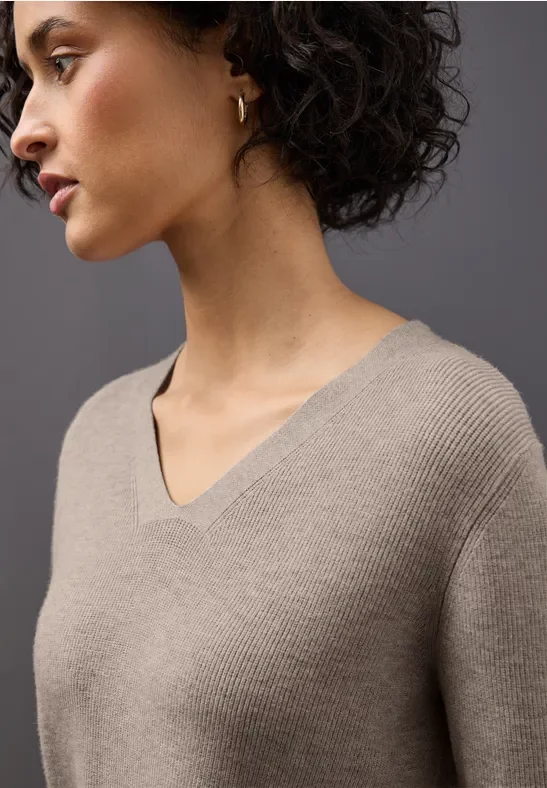 Street One Frauen Basic V-Neck Pullover in Beige, Gr: 40