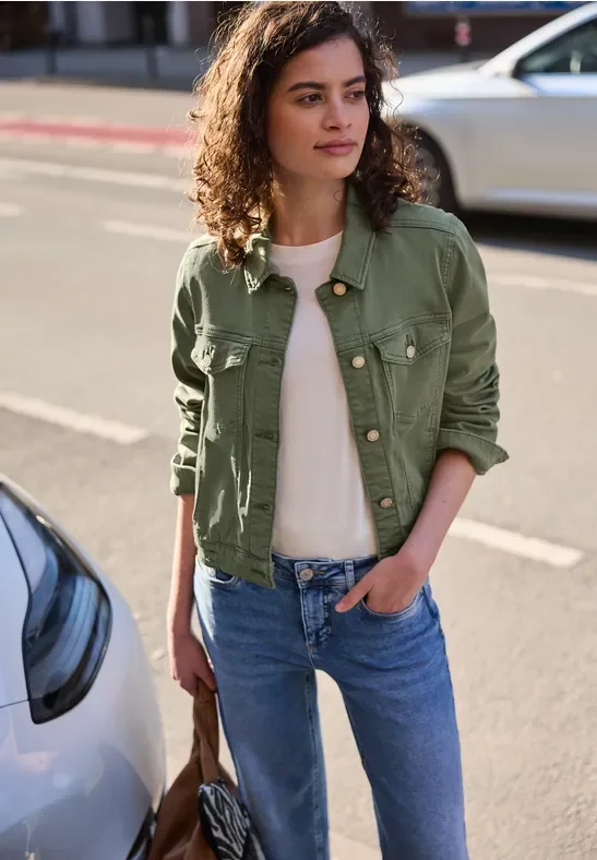 Street One Studio Frauen Jeansjacke mit Knöpfen im Cropped Fit in Grün, Gr: 34
