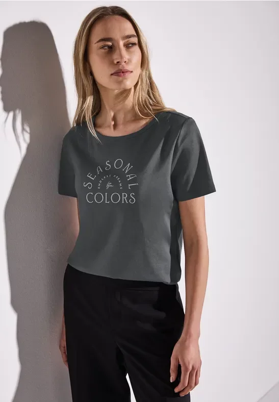 Thumbnail - Street One Frauen Basic Shirt mit Wording in Grau, Gr: 34