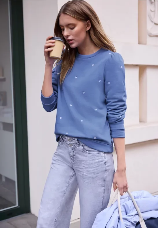 Street One Studio Frauen Shirt mit Herzstickerei in Blau, Gr: 46