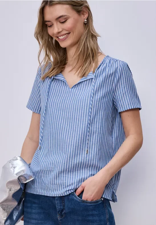 Street One Frauen Kurzarm Bluse mit Split Neck und Streifen in Blau, Gr: 38