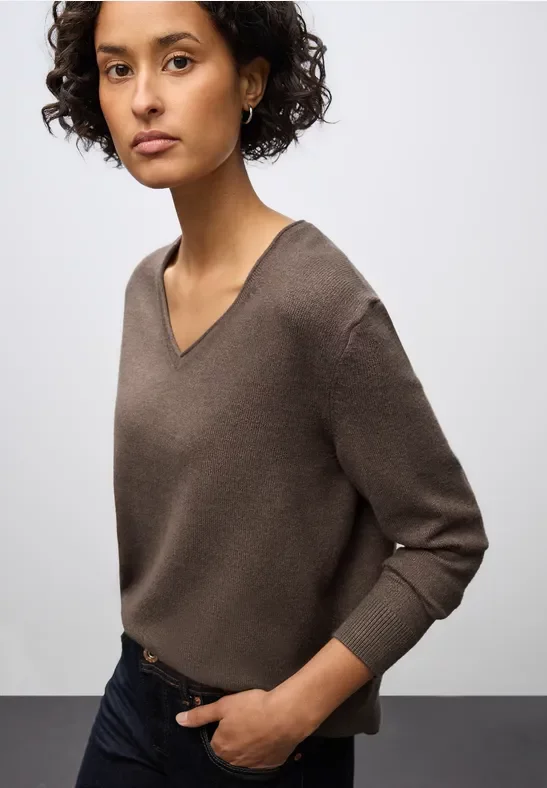 Street One Frauen Kuscheliger V-Neck Pullover in Braun, Gr: 36