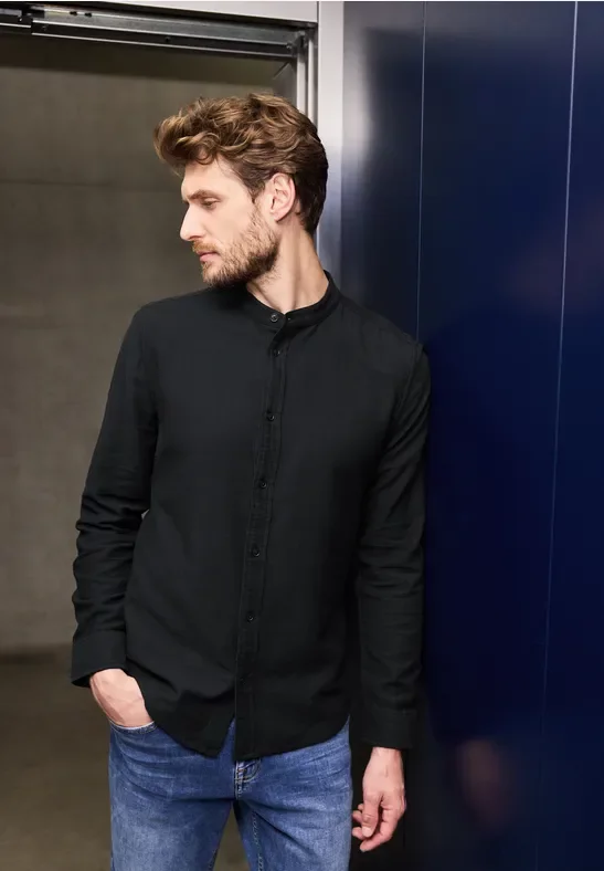 Street One MEN Männer Strukturhemd im Slim Fit in Schwarz, Gr: XXL