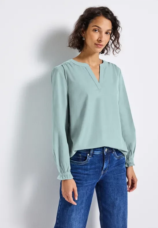 Thumbnail - Street One Frauen Cordbluse mit Rüschendetails in Blau, Gr: 36