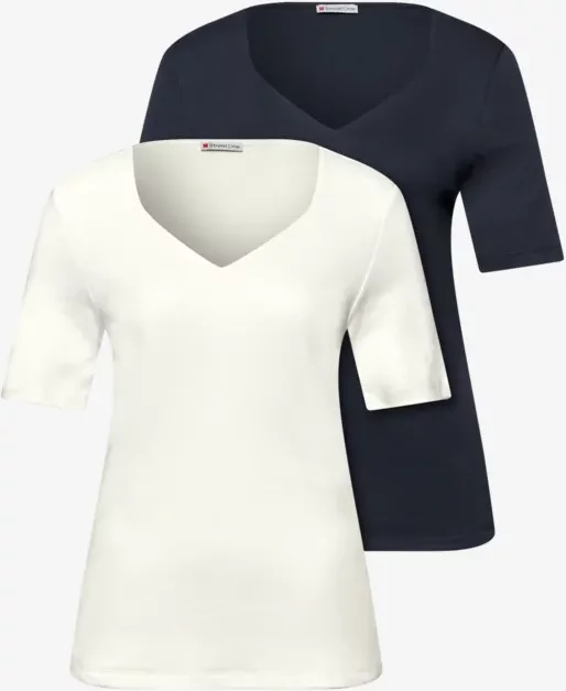 Street One Frauen T-Shirts mit Herzausschnitt im 2er-Pack in Blau|Weiß, Gr: 36