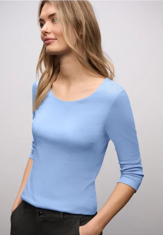 Thumbnail - Street One Frauen Basic T-Shirt mit 3/4 Arm in Blau, Gr: 44