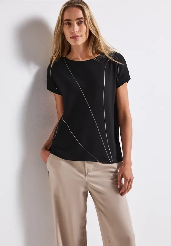 Street One Frauen Shirt mit feinen Linien in Schwarz, Gr: 36