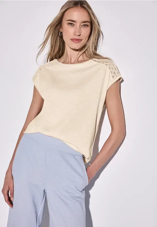 Street One Frauen Shirt mit Spitzendetail in Beige, Gr: 46