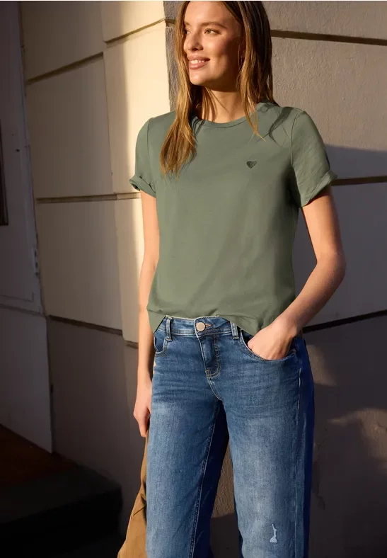 Street One Studio Frauen T-Shirt mit Herz-Print in Grün, Gr: 44