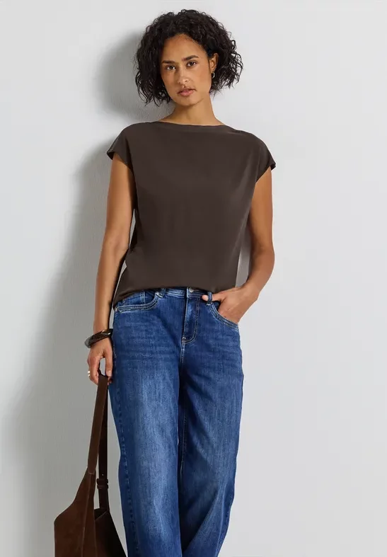 Thumbnail - Street One Frauen U-Boot Shirt mit Rippdetail in Braun, Gr: 40